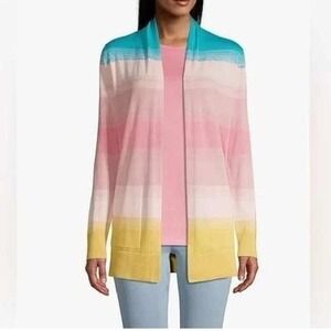 Lands' End Women Cardigan 100% Cotton M 10-12 Striped Open Front Pockets‎